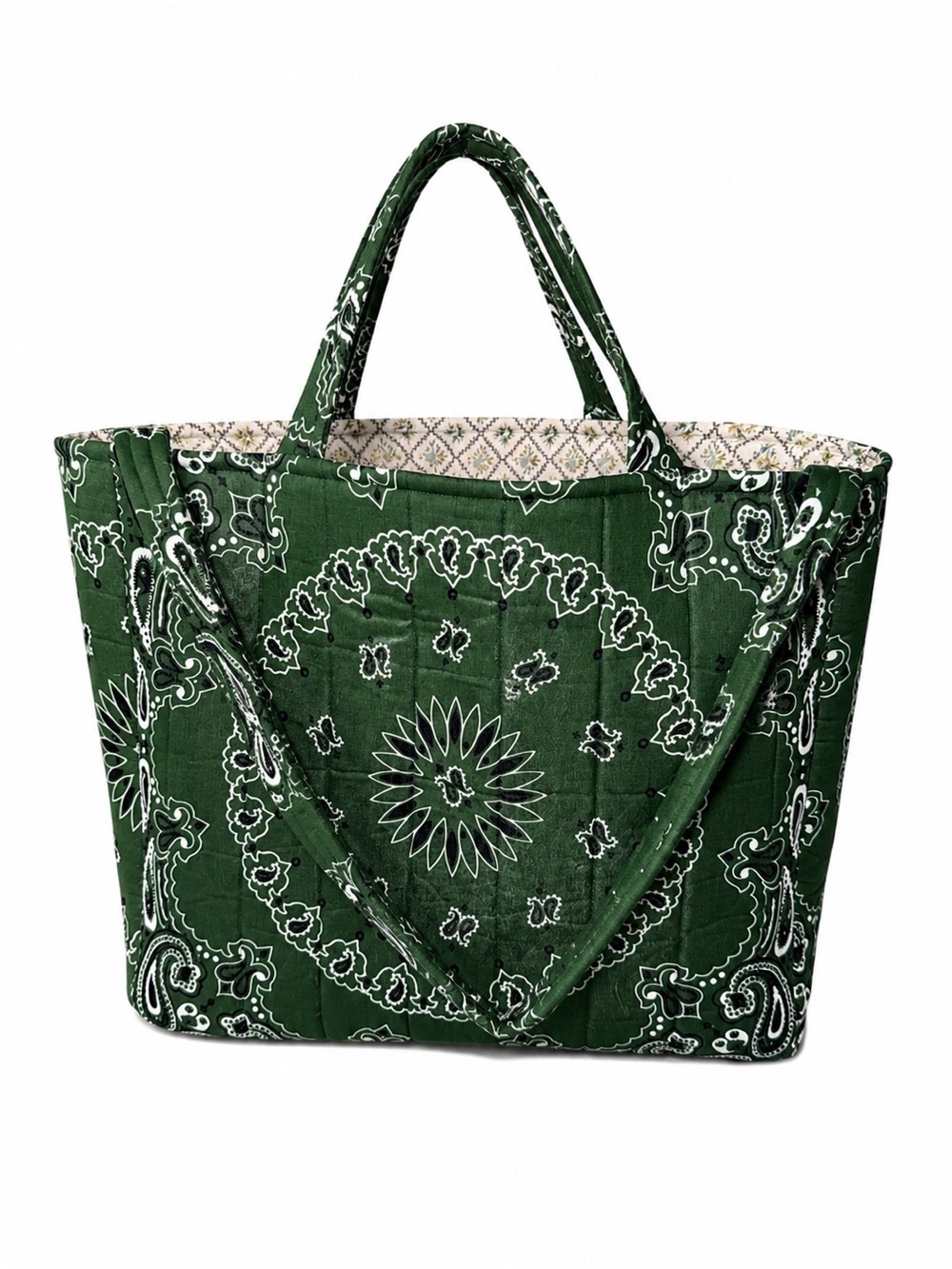 Handmade Quilted Hunter Green Bandanna Tote Bag 17.5” X 14.5”